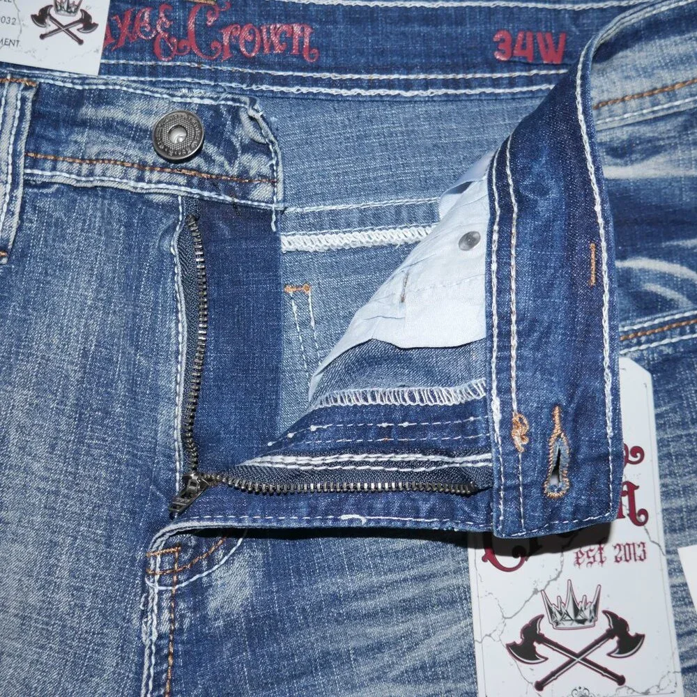 Axe and Crown Embroidered Jean Shorts Men's Size 36 Y2K Thick Stitch Jorts NWT